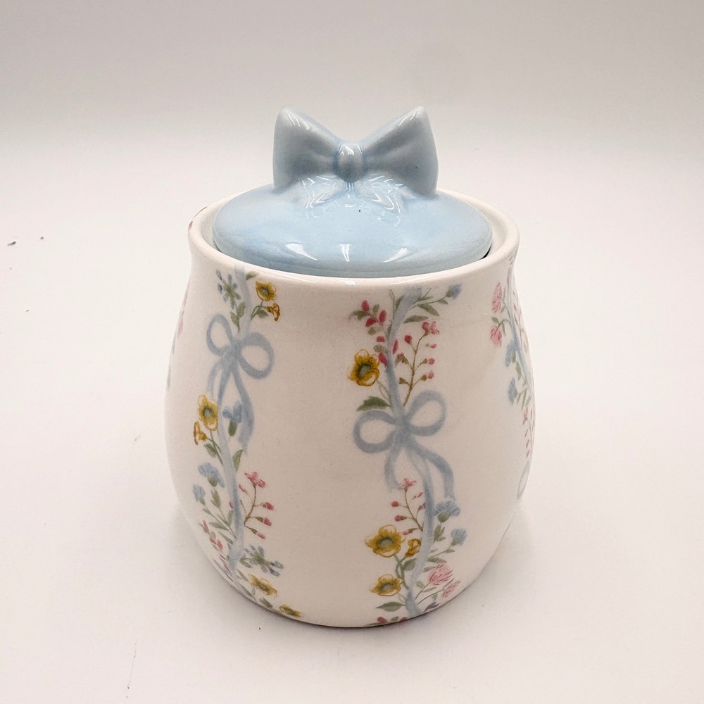 Floral Ribbon Ceramic Sugar Bowl Blue Bow Lid 8oz Coquette NEW